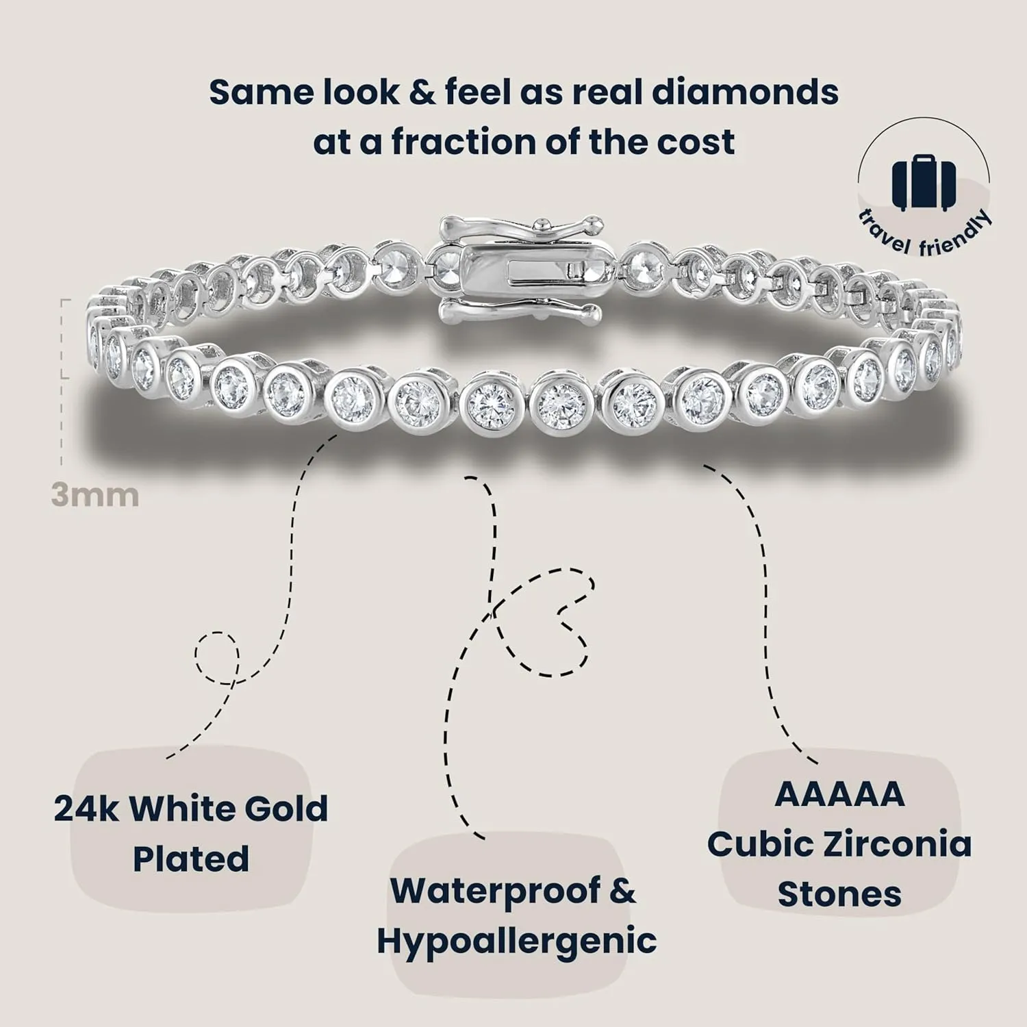 KISPER Tennis Bracelet for Women - 24K White Gold or Gold Plated Round Cut AAAAA CZ Bezel Set 3mm, Waterproof Jewelry Gift, 6.5/7/7.5 Inch