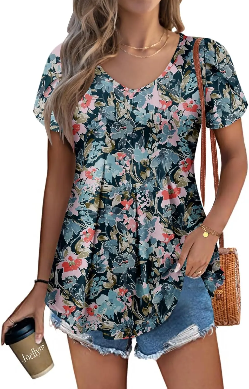 KISSMODA Womens Summer Tops Short Sleeve Floral Shirts Ladies V Neck Tunic Tops Loose Fit Tunics