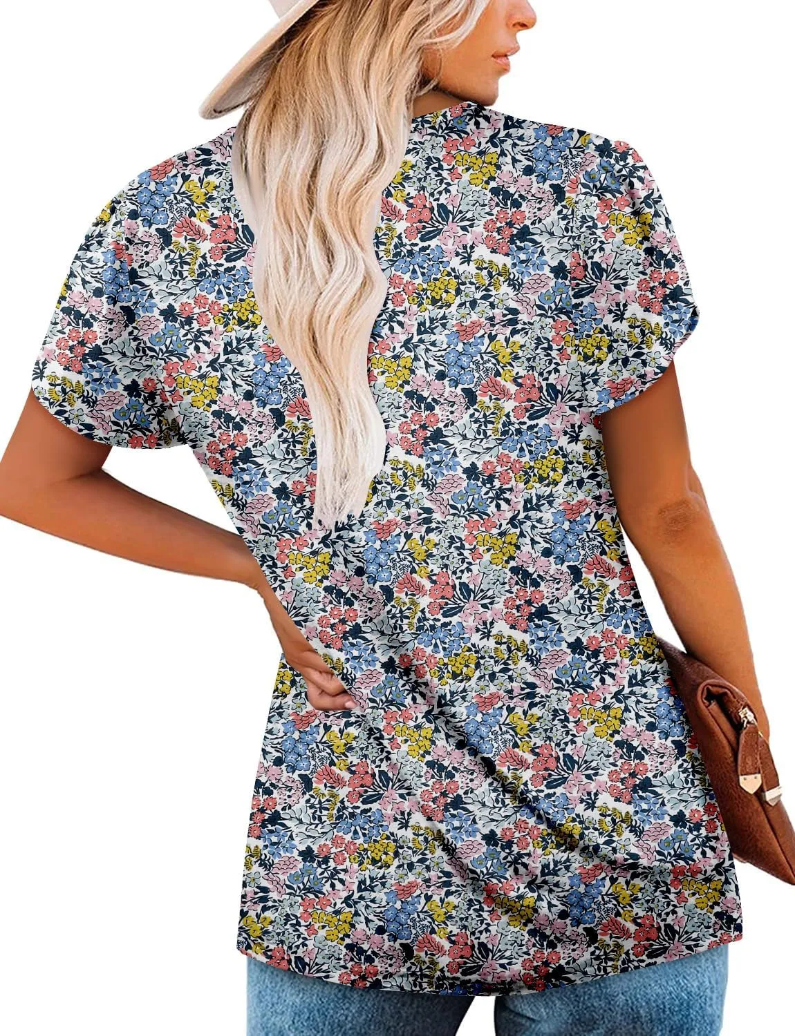 KISSMODA Womens Summer Tops Short Sleeve Floral Shirts Ladies V Neck Tunic Tops Loose Fit Tunics