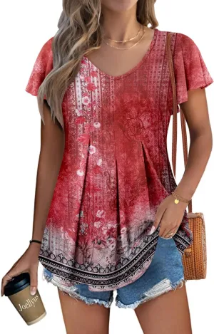 KISSMODA Womens Summer Tops Short Sleeve Floral Shirts Ladies V Neck Tunic Tops Loose Fit Tunics