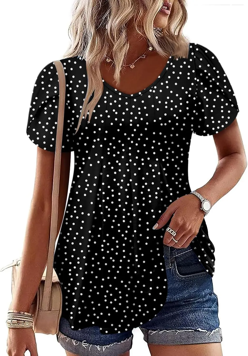 KISSMODA Womens Summer Tops Short Sleeve Floral Shirts Ladies V Neck Tunic Tops Loose Fit Tunics