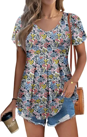 KISSMODA Womens Summer Tops Short Sleeve Floral Shirts Ladies V Neck Tunic Tops Loose Fit Tunics