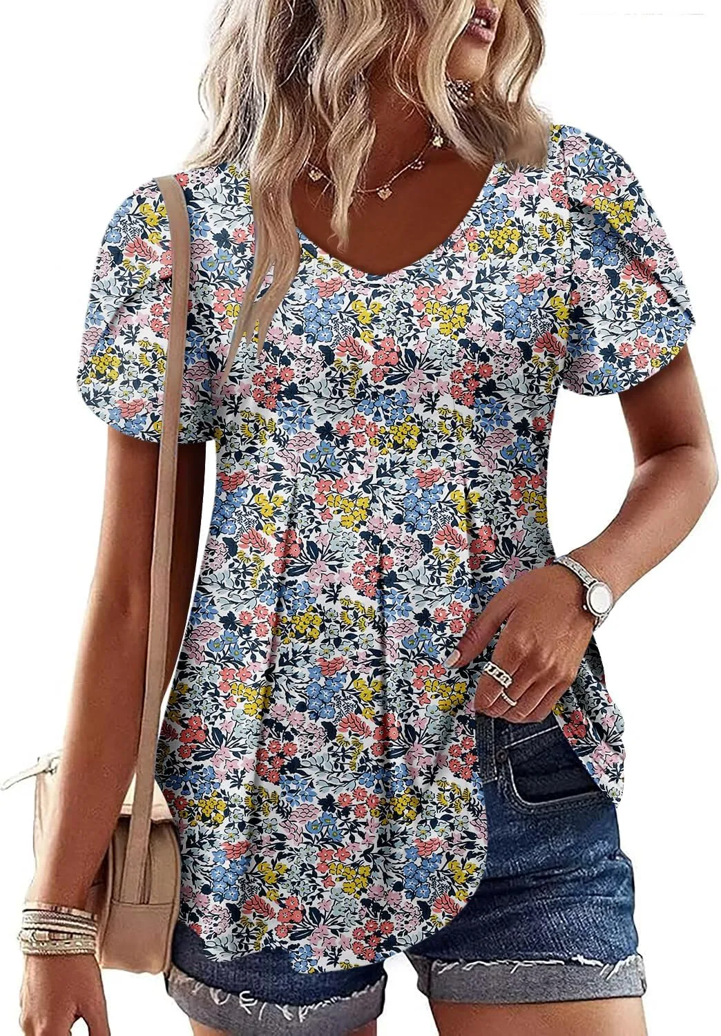 KISSMODA Womens Summer Tops Short Sleeve Floral Shirts Ladies V Neck Tunic Tops Loose Fit Tunics
