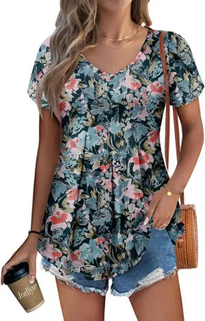 KISSMODA Womens Summer Tops Short Sleeve Floral Shirts Ladies V Neck Tunic Tops Loose Fit Tunics