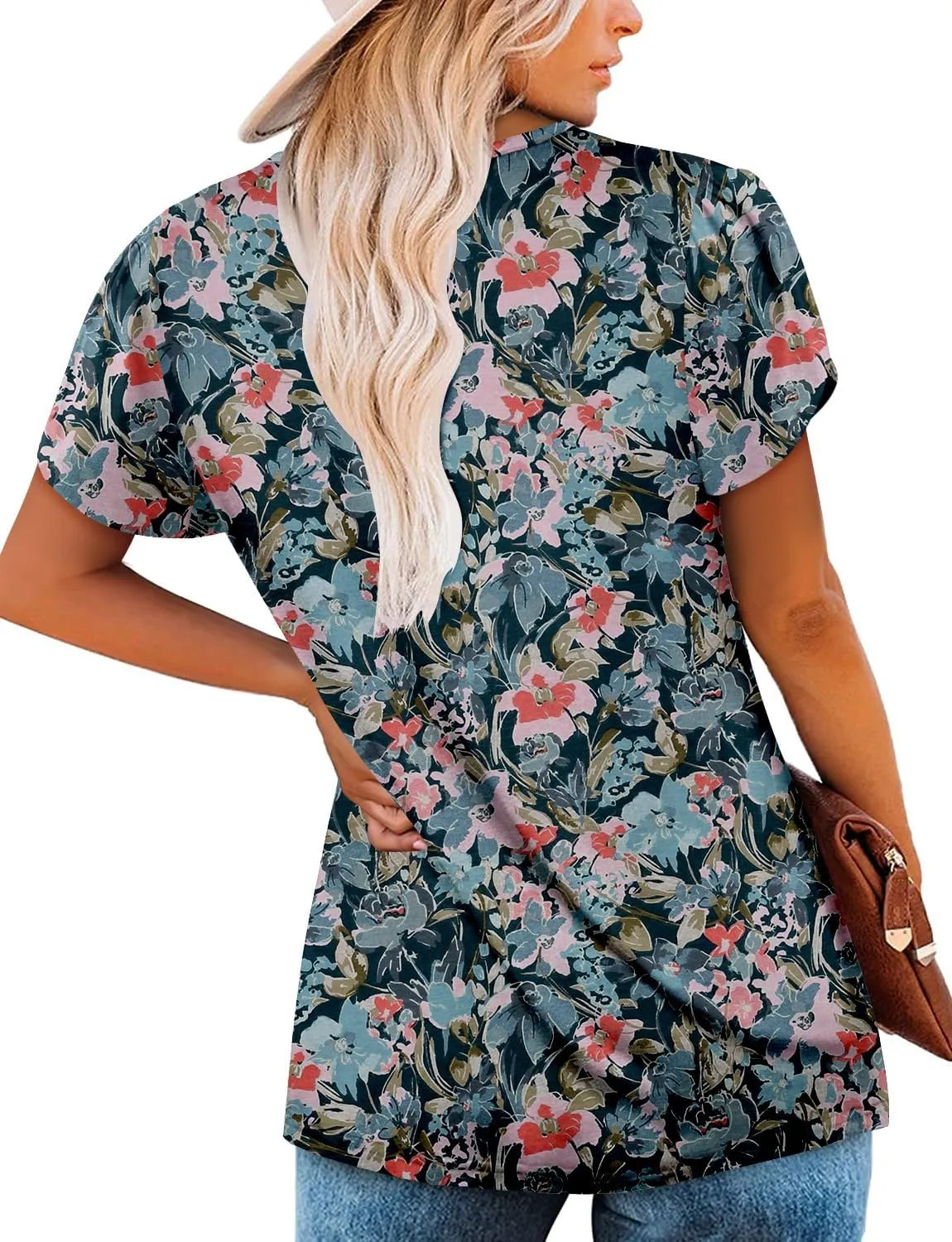 KISSMODA Womens Summer Tops Short Sleeve Floral Shirts Ladies V Neck Tunic Tops Loose Fit Tunics