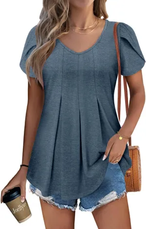 KISSMODA Womens Summer Tops Short Sleeve Floral Shirts Ladies V Neck Tunic Tops Loose Fit Tunics