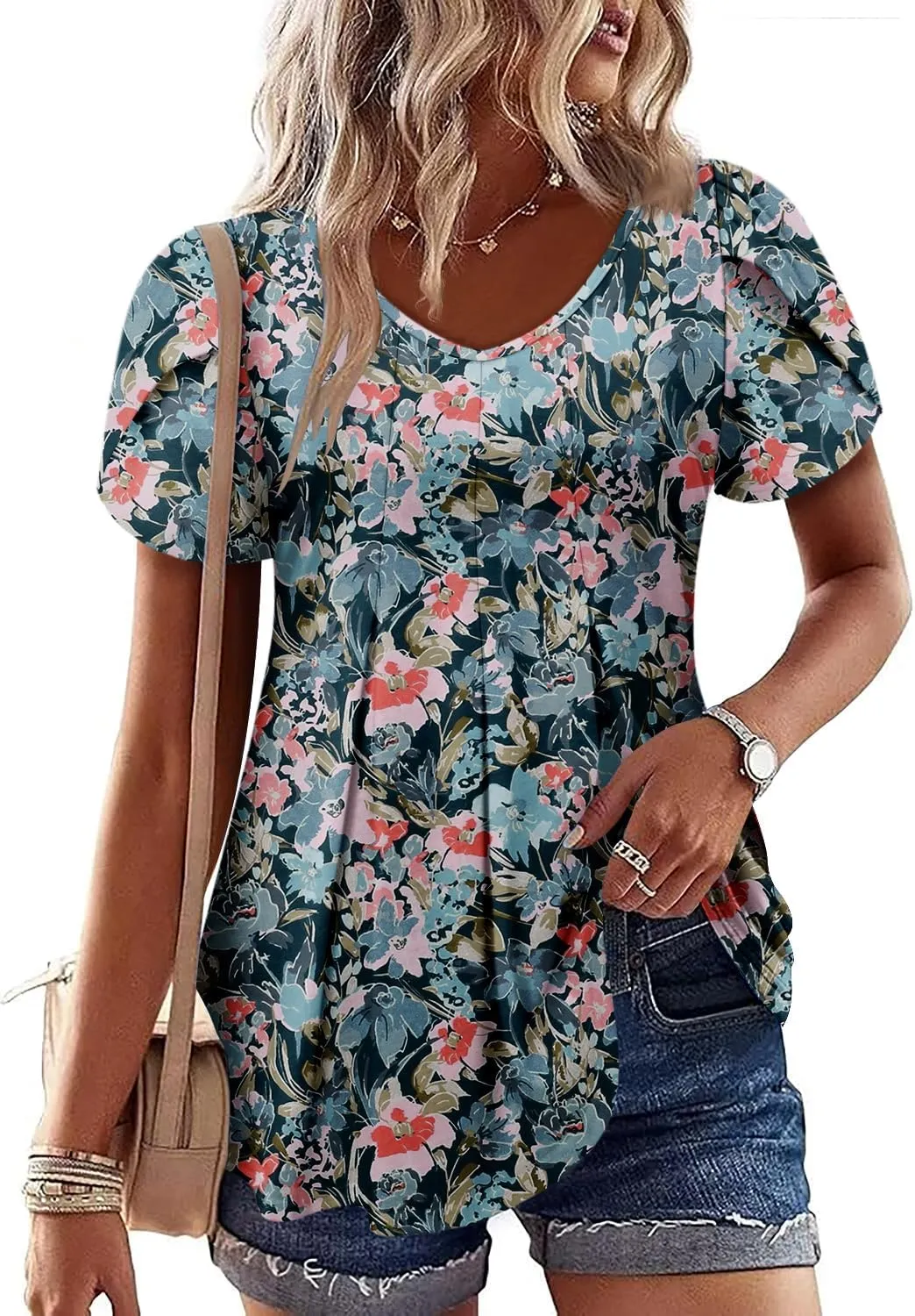 KISSMODA Womens Summer Tops Short Sleeve Floral Shirts Ladies V Neck Tunic Tops Loose Fit Tunics