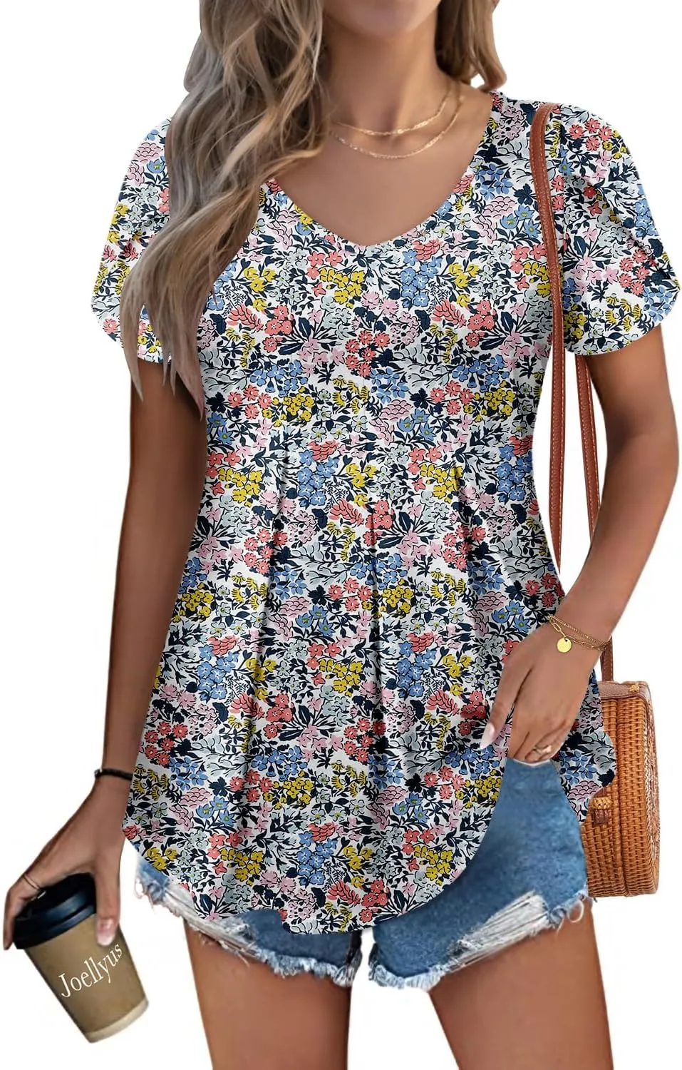KISSMODA Womens Summer Tops Short Sleeve Floral Shirts Ladies V Neck Tunic Tops Loose Fit Tunics
