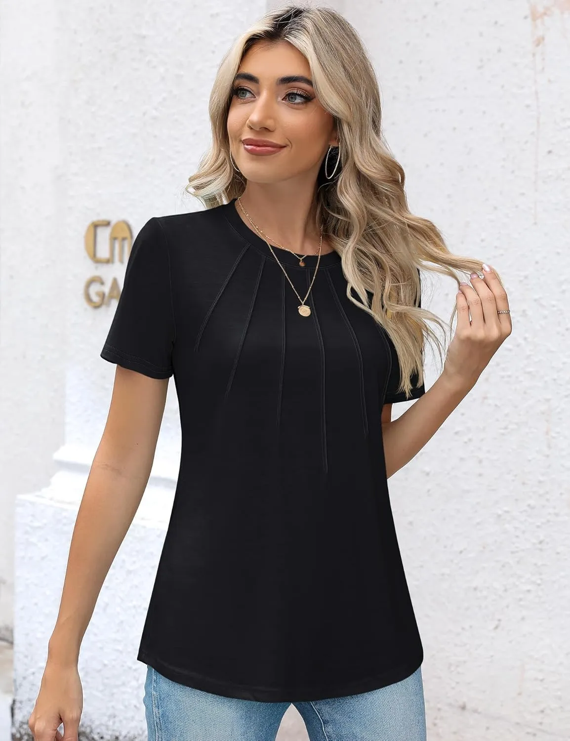 Kistore Womens Casual Crew Neck Short Sleeve Pleated Tops Blouses Fashion Clothes 2025