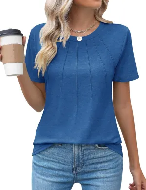 Kistore Womens Casual Crew Neck Short Sleeve Pleated Tops Blouses Fashion Clothes 2025