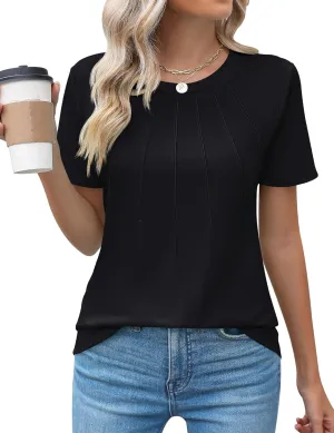 Kistore Womens Casual Crew Neck Short Sleeve Pleated Tops Blouses Fashion Clothes 2025
