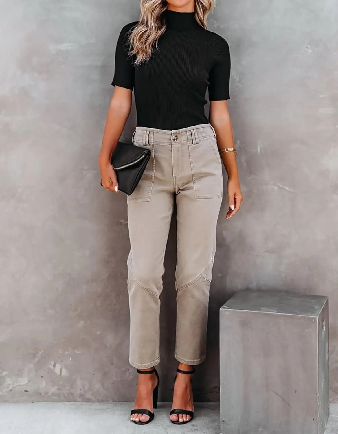 Lacozy Women Casual Basic Mock Neck Top Short Sleeve Shirt Slim Fit Ribbed Knit Pullover Sweater