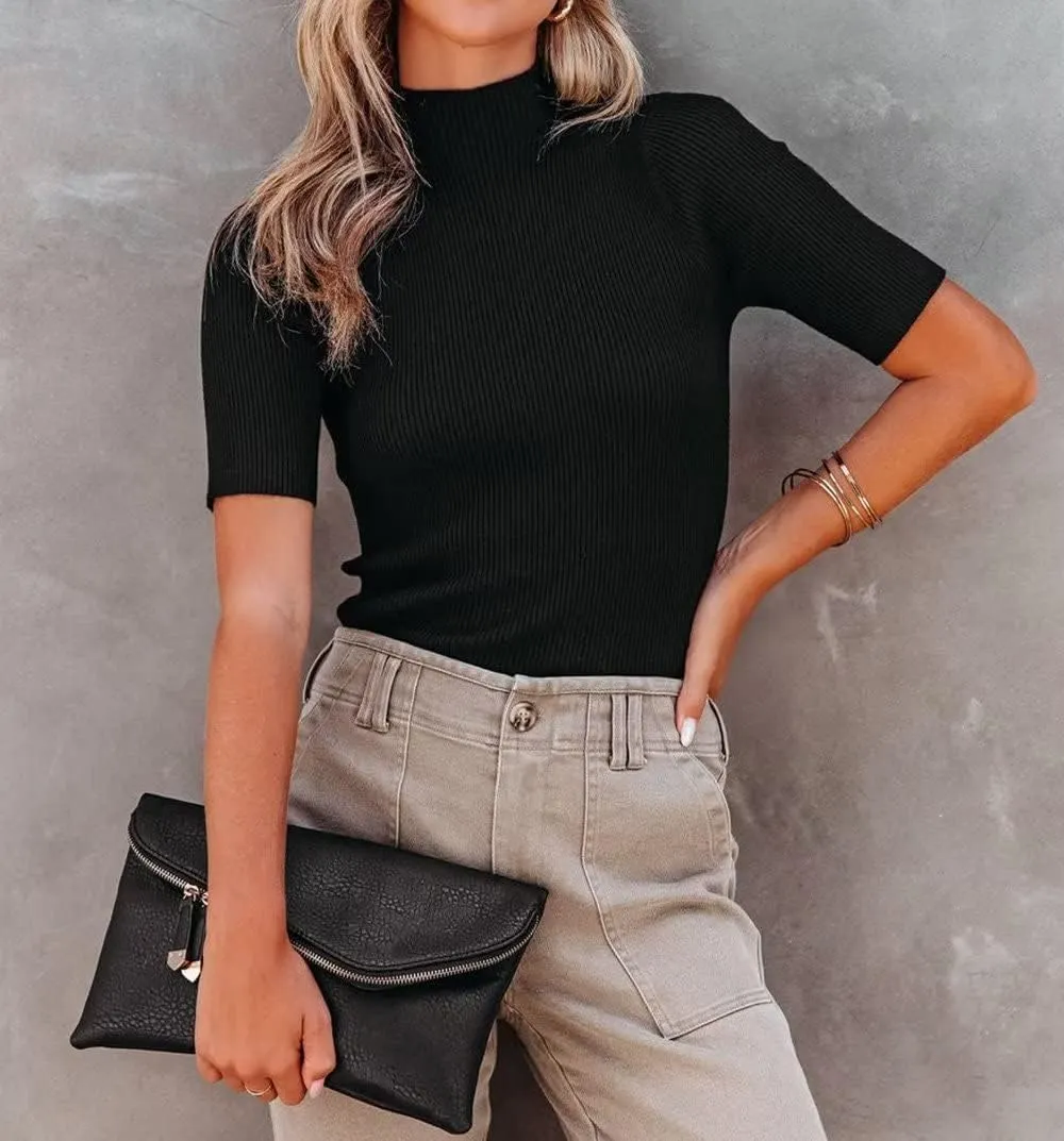 Lacozy Women Casual Basic Mock Neck Top Short Sleeve Shirt Slim Fit Ribbed Knit Pullover Sweater