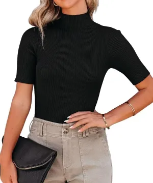 Lacozy Women Casual Basic Mock Neck Top Short Sleeve Shirt Slim Fit Ribbed Knit Pullover Sweater