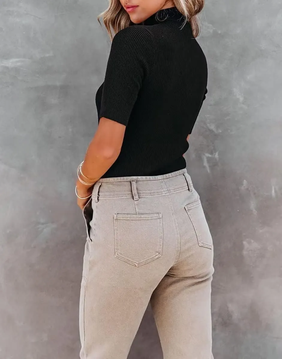 Lacozy Women Casual Basic Mock Neck Top Short Sleeve Shirt Slim Fit Ribbed Knit Pullover Sweater