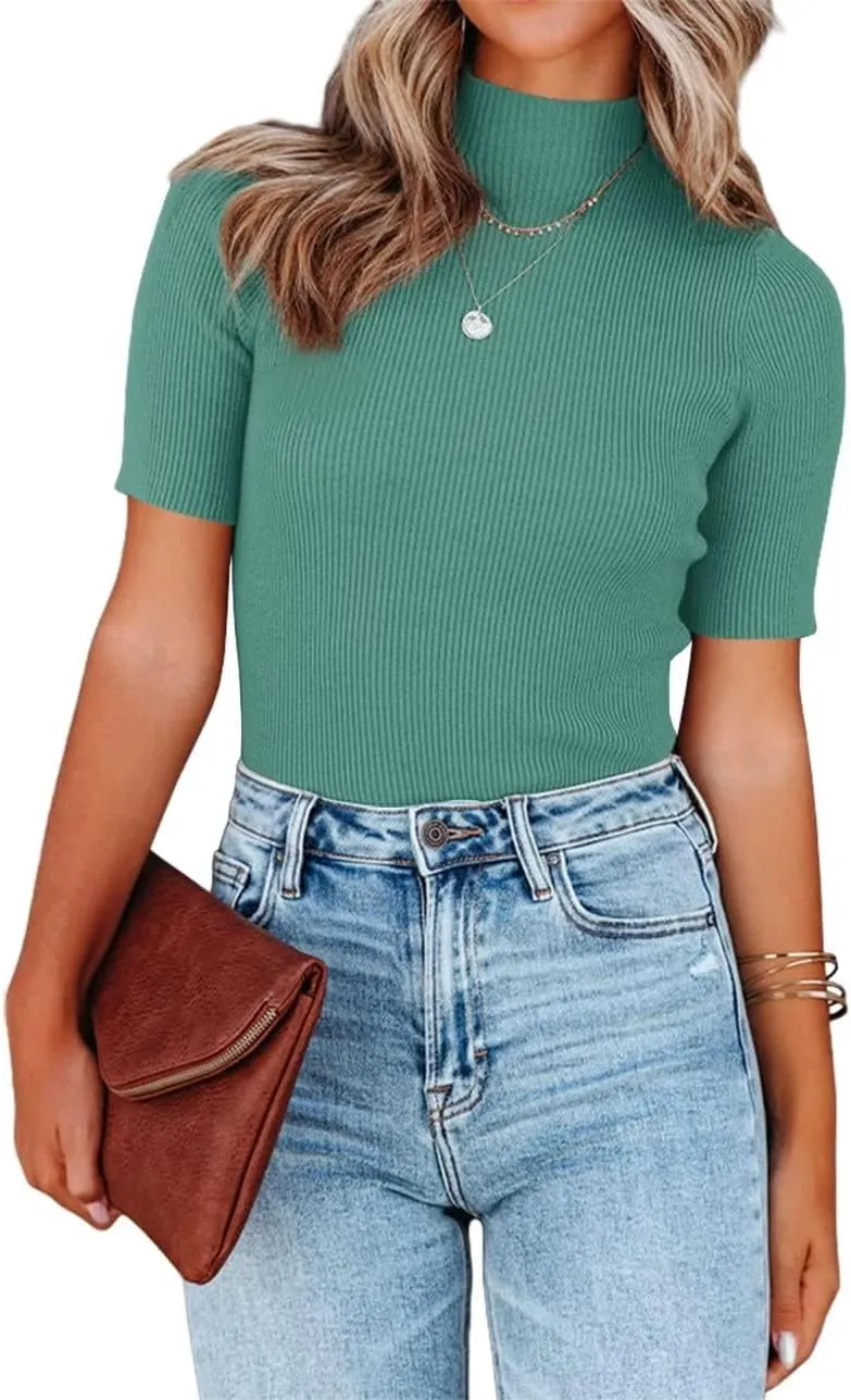 Lacozy Women Casual Basic Mock Neck Top Short Sleeve Shirt Slim Fit Ribbed Knit Pullover Sweater