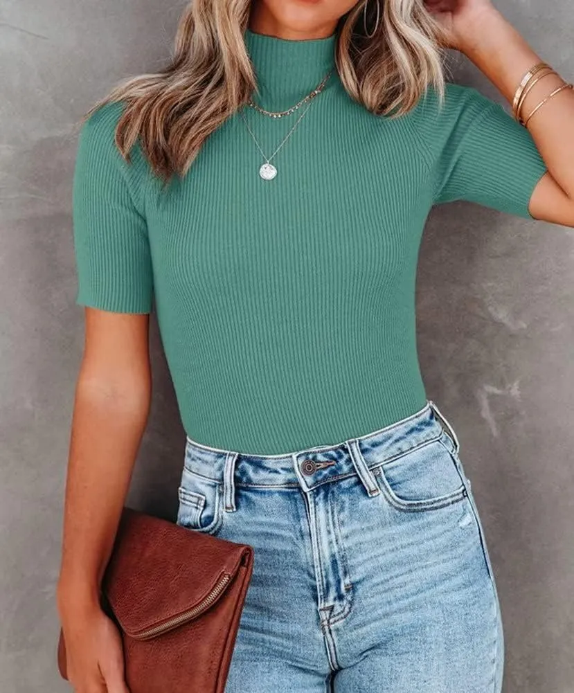 Lacozy Women Casual Basic Mock Neck Top Short Sleeve Shirt Slim Fit Ribbed Knit Pullover Sweater