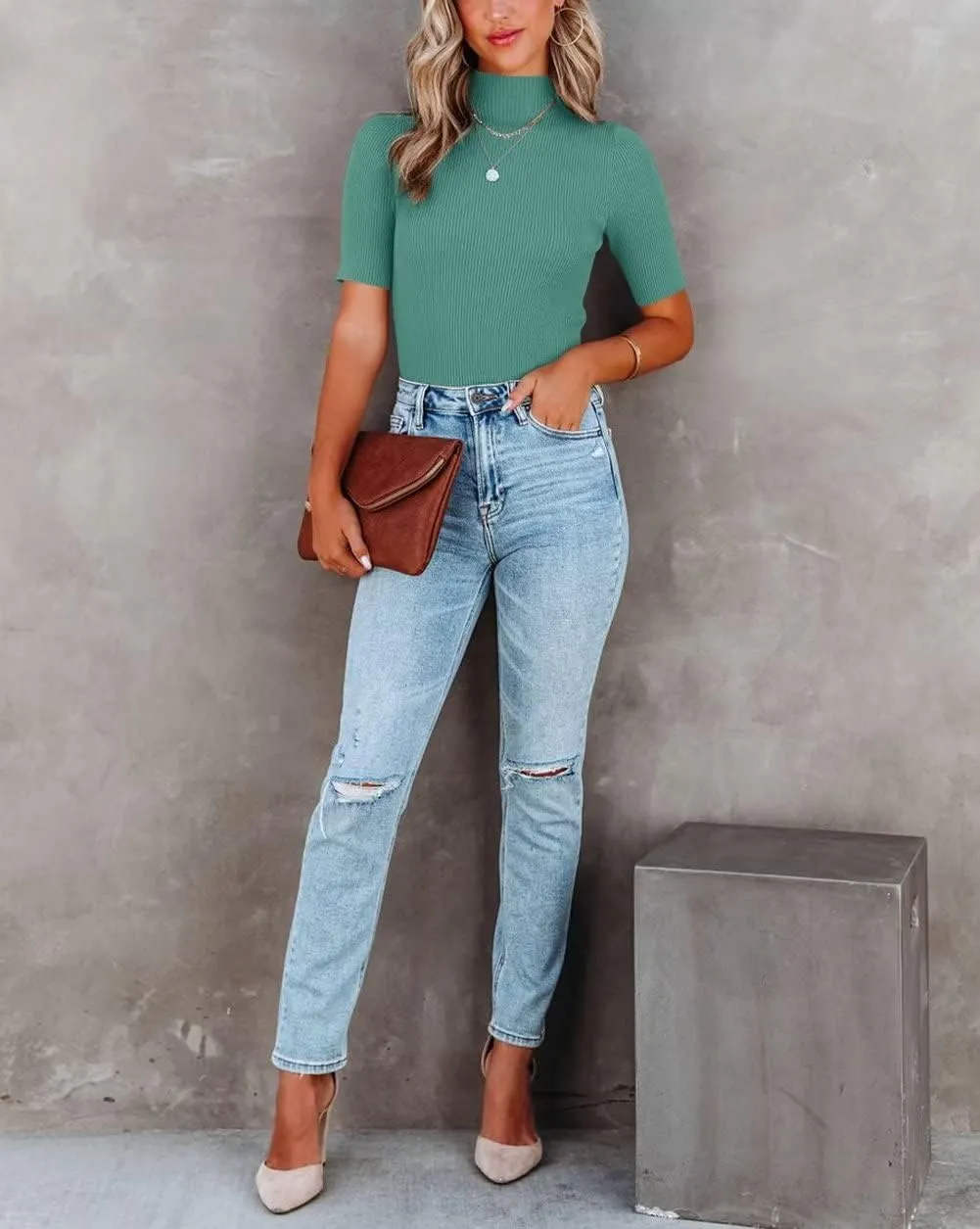 Lacozy Women Casual Basic Mock Neck Top Short Sleeve Shirt Slim Fit Ribbed Knit Pullover Sweater