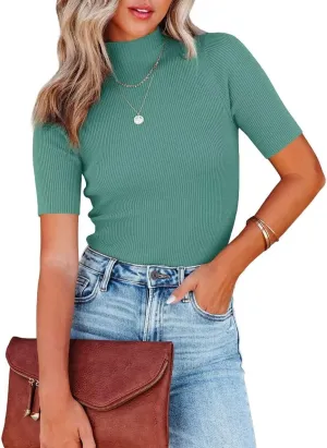 Lacozy Women Casual Basic Mock Neck Top Short Sleeve Shirt Slim Fit Ribbed Knit Pullover Sweater