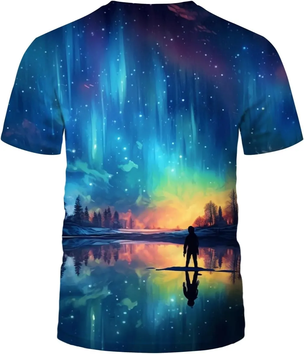 LAOLIUSN Colorful Aurora Borealis T Shirt Novelty Starry Night Theme Tee Shirt