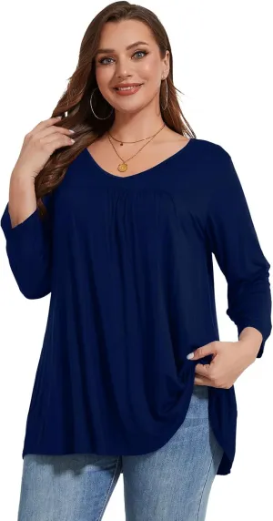 LARACE Women's 3/4 Sleeve Shirts Plus Size Tunic Tops Loose V-Neck Pleated T-Shirts for Leggings