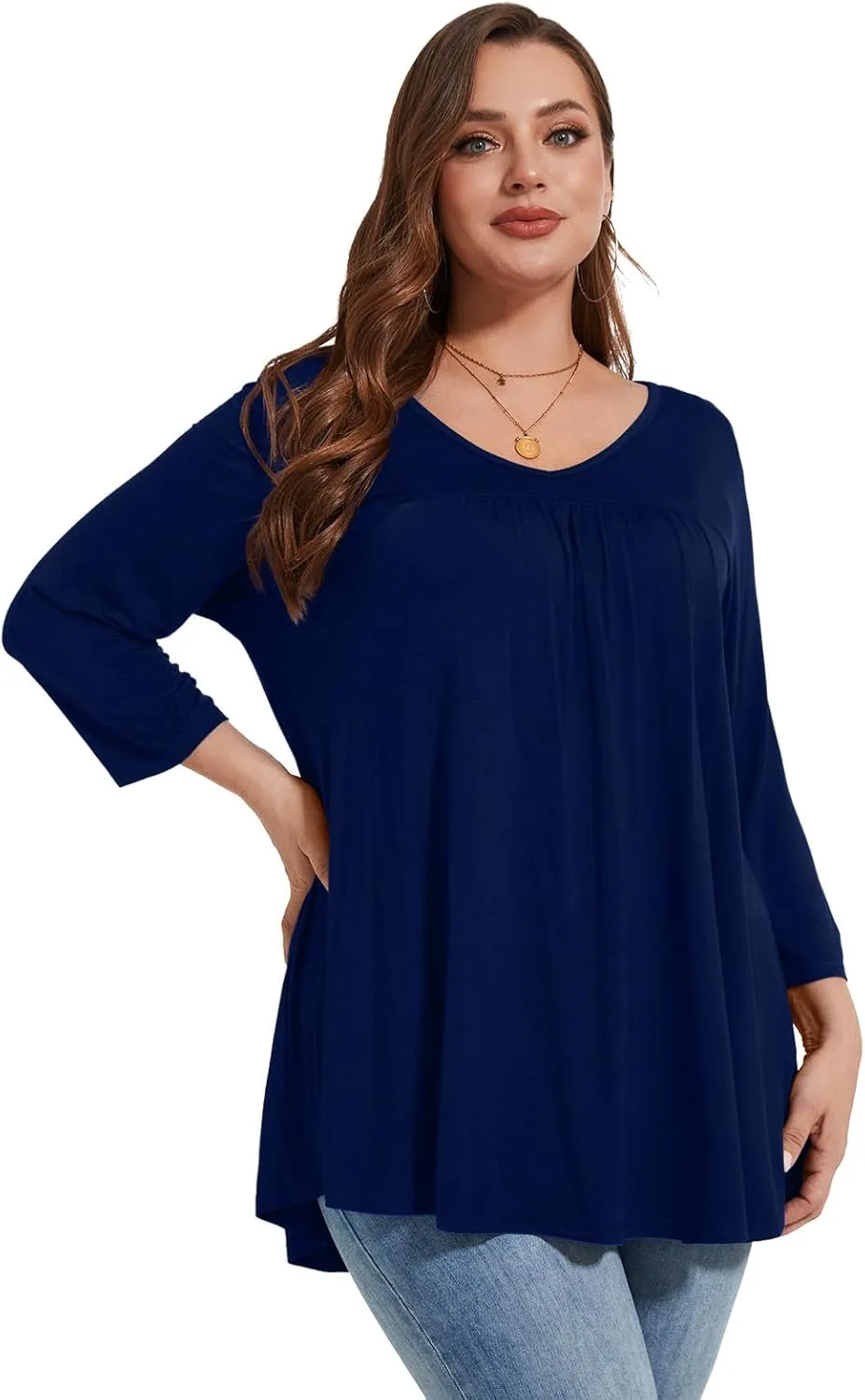 LARACE Women's 3/4 Sleeve Shirts Plus Size Tunic Tops Loose V-Neck Pleated T-Shirts for Leggings