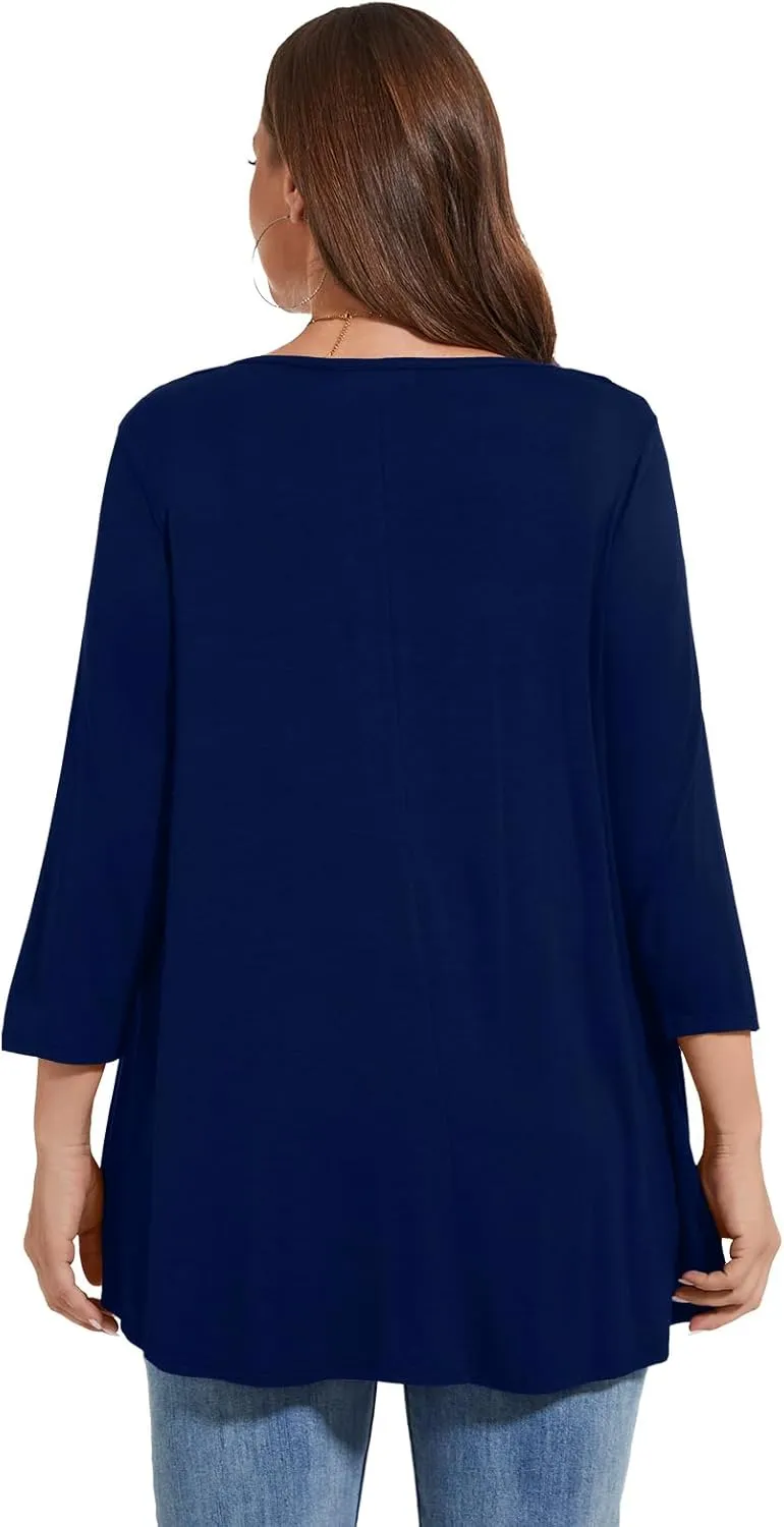 LARACE Women's 3/4 Sleeve Shirts Plus Size Tunic Tops Loose V-Neck Pleated T-Shirts for Leggings