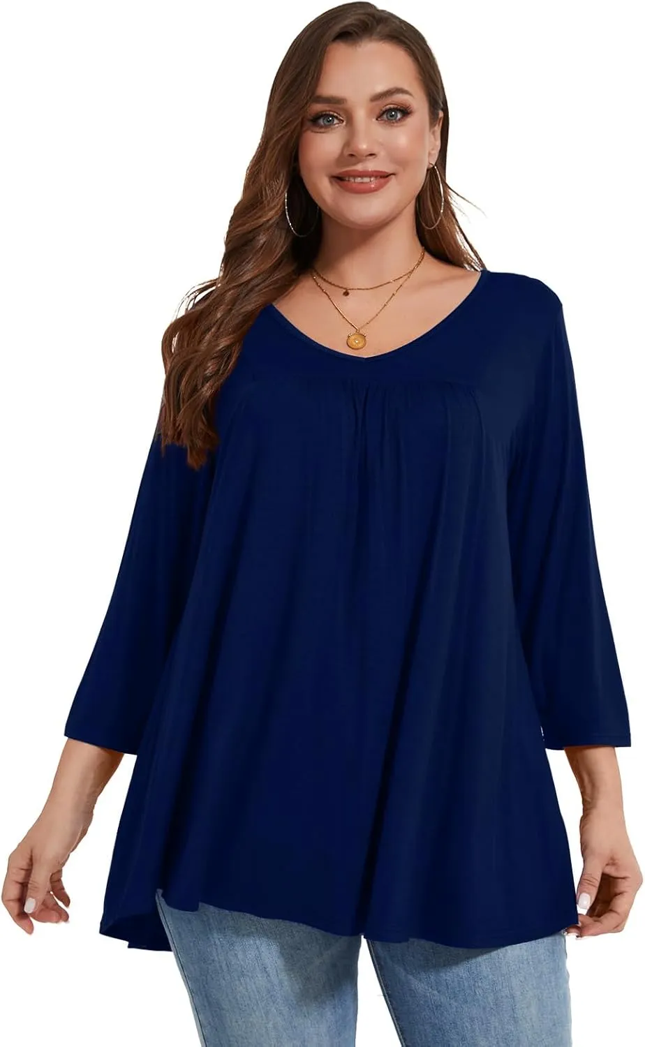 LARACE Women's 3/4 Sleeve Shirts Plus Size Tunic Tops Loose V-Neck Pleated T-Shirts for Leggings