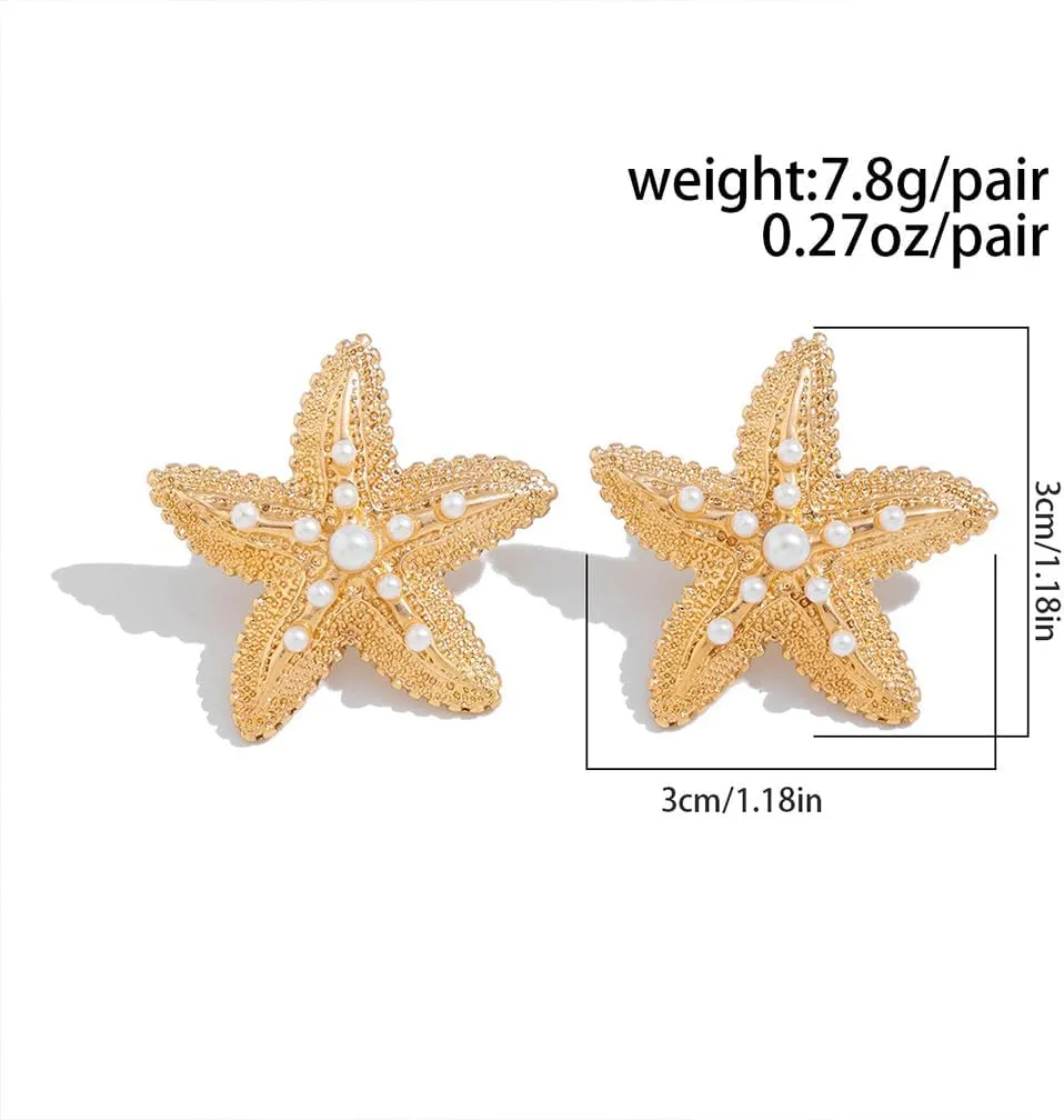 Large Starfish Gold Earrings for Women Boho Big Oversized Sea Star Pearl Dangle Statement Earring Mermaid Beach Ocean Holiday Jewelry Accessories