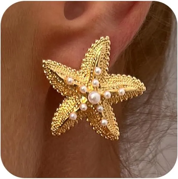 Large Starfish Gold Earrings for Women Boho Big Oversized Sea Star Pearl Dangle Statement Earring Mermaid Beach Ocean Holiday Jewelry Accessories
