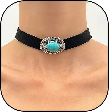 Layered Flannel Flower Choker Chain Necklaces for Women Punk Ellipse Stone Statement Clavicle Cord Chain Pendant Necklace Jewelry for Gifts