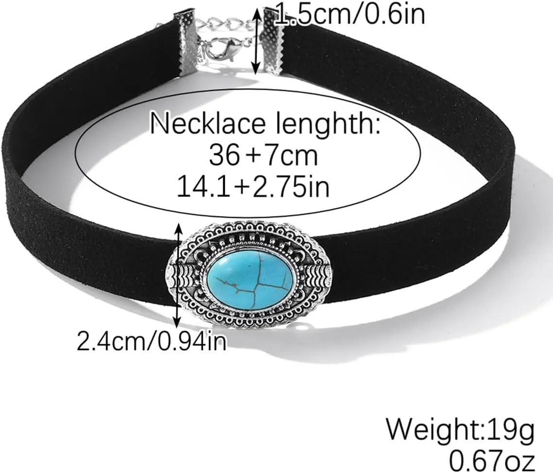 Layered Flannel Flower Choker Chain Necklaces for Women Punk Ellipse Stone Statement Clavicle Cord Chain Pendant Necklace Jewelry for Gifts