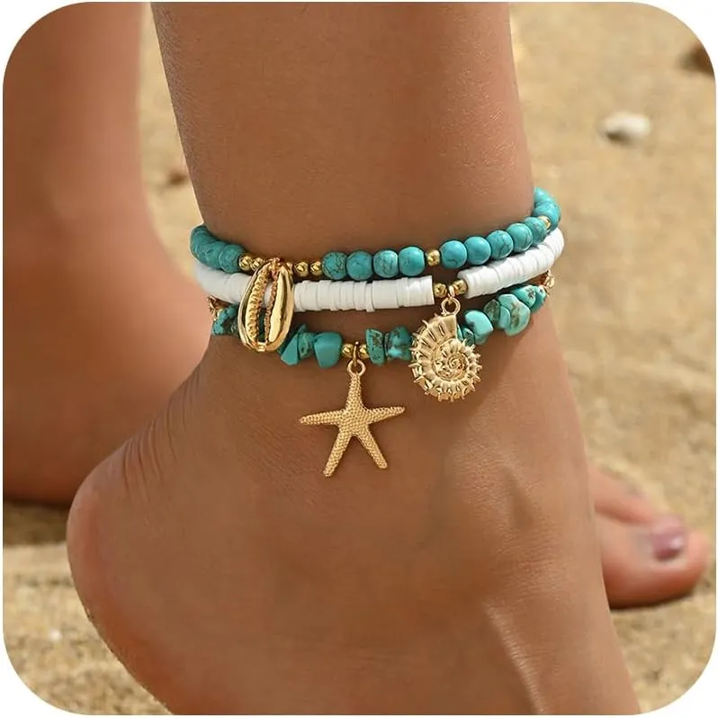 Layered Seashell Anklets for Women Starfish Conch Cowrie Shell Anklets Trendy Beachy Beads Turquoise Ankle Bracelets Summer Beach Seaside Foot Jewelry Accessories