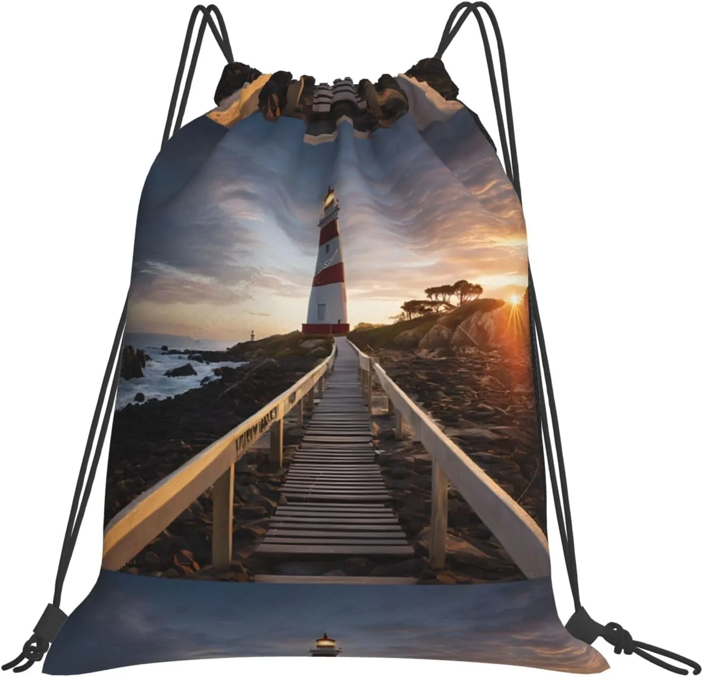 (Lighthouse) Drawstring Backpack Drawstring Gym Bag Foldable Water Drawstring Bags Draw String Back Bag For Shopping Sport Yoga Travel, Swimming, Beach