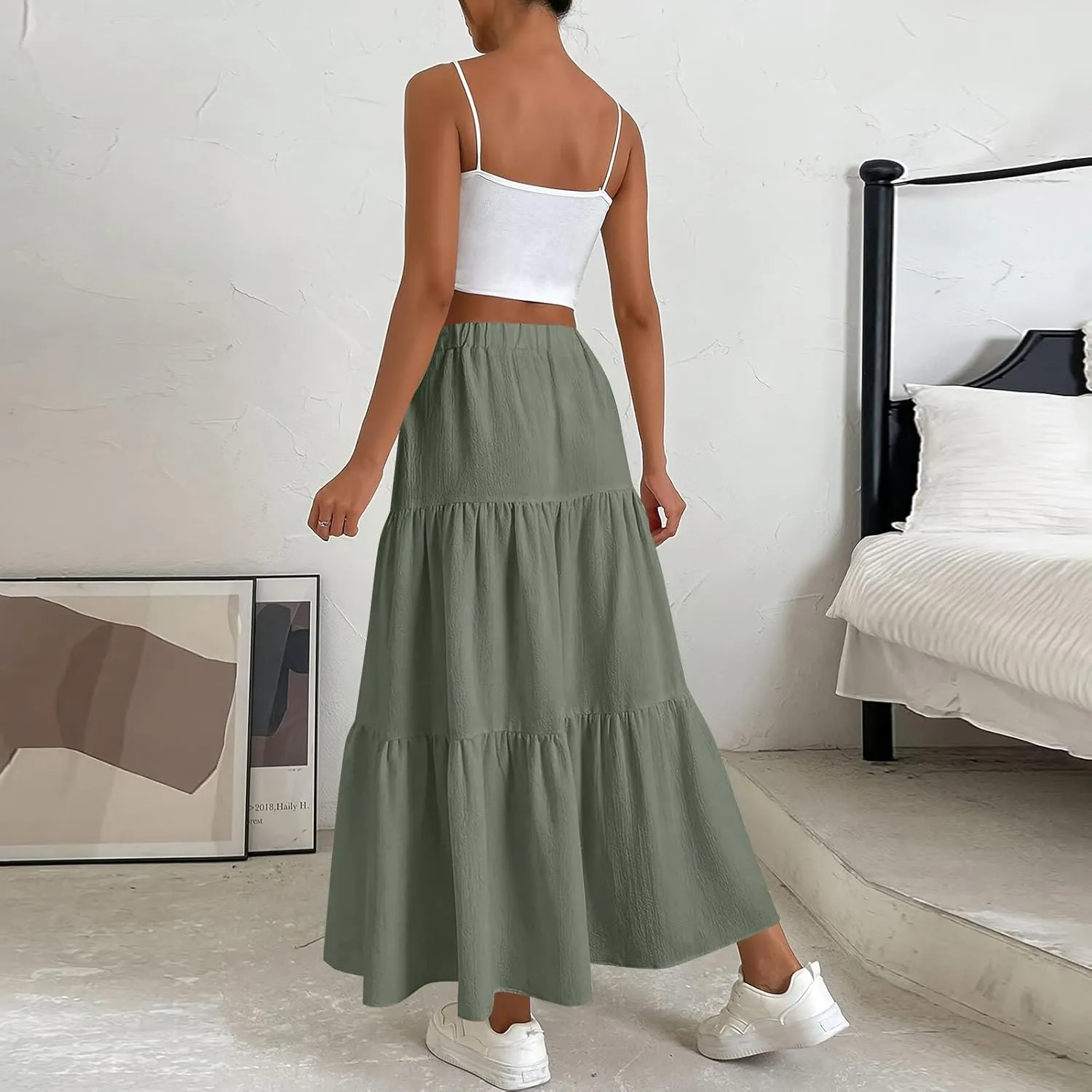 Linen Maxi Skirts for Women 2025 Casual Summer Tiered Long Pleated Skirt Comfy Elastic Waist Beach A Line Flowy Skirt