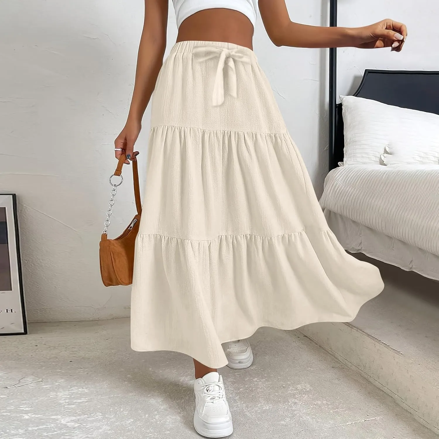 Linen Maxi Skirts for Women 2025 Casual Summer Tiered Long Pleated Skirt Comfy Elastic Waist Beach A Line Flowy Skirt