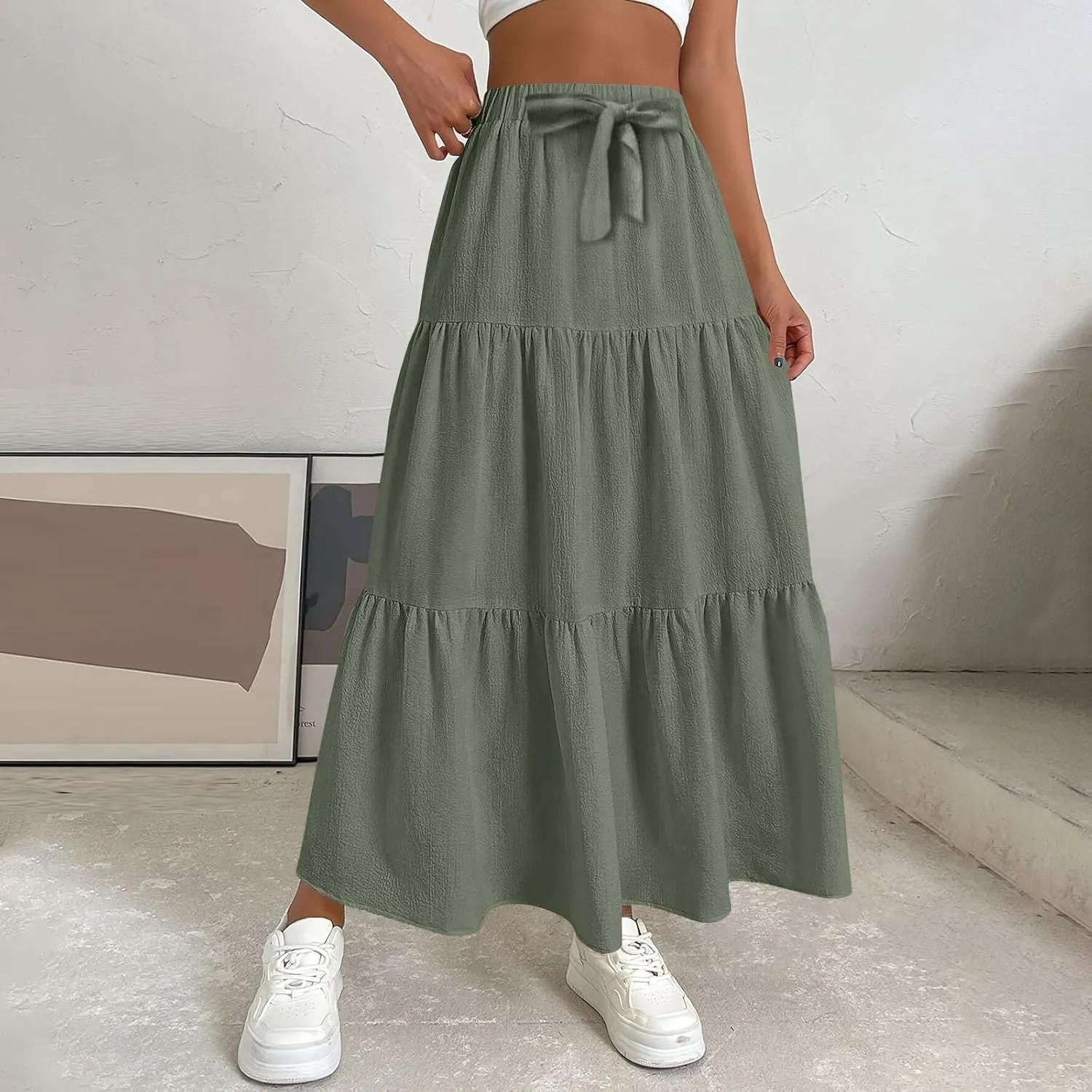 Linen Maxi Skirts for Women 2025 Casual Summer Tiered Long Pleated Skirt Comfy Elastic Waist Beach A Line Flowy Skirt