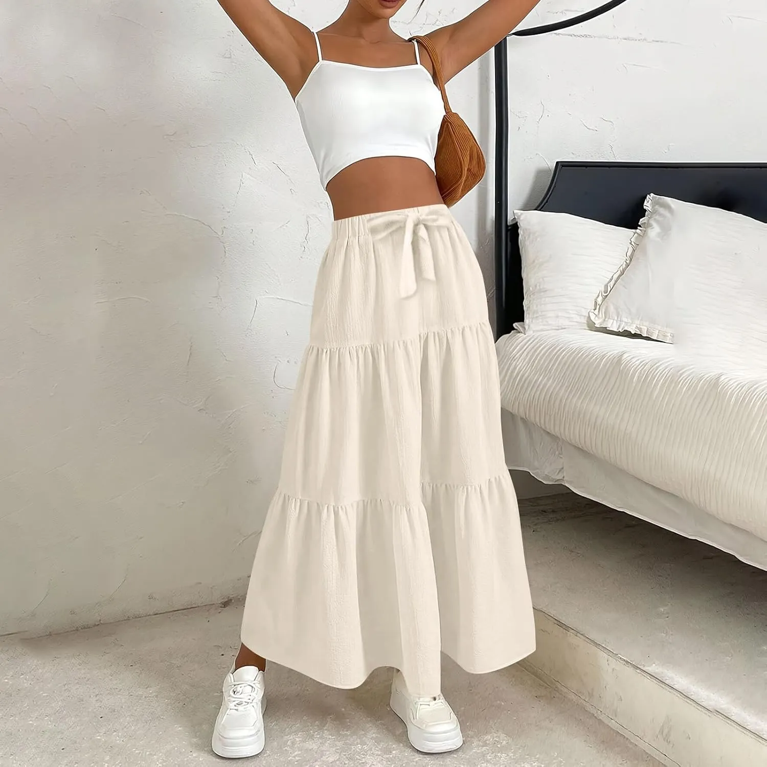 Linen Maxi Skirts for Women 2025 Casual Summer Tiered Long Pleated Skirt Comfy Elastic Waist Beach A Line Flowy Skirt