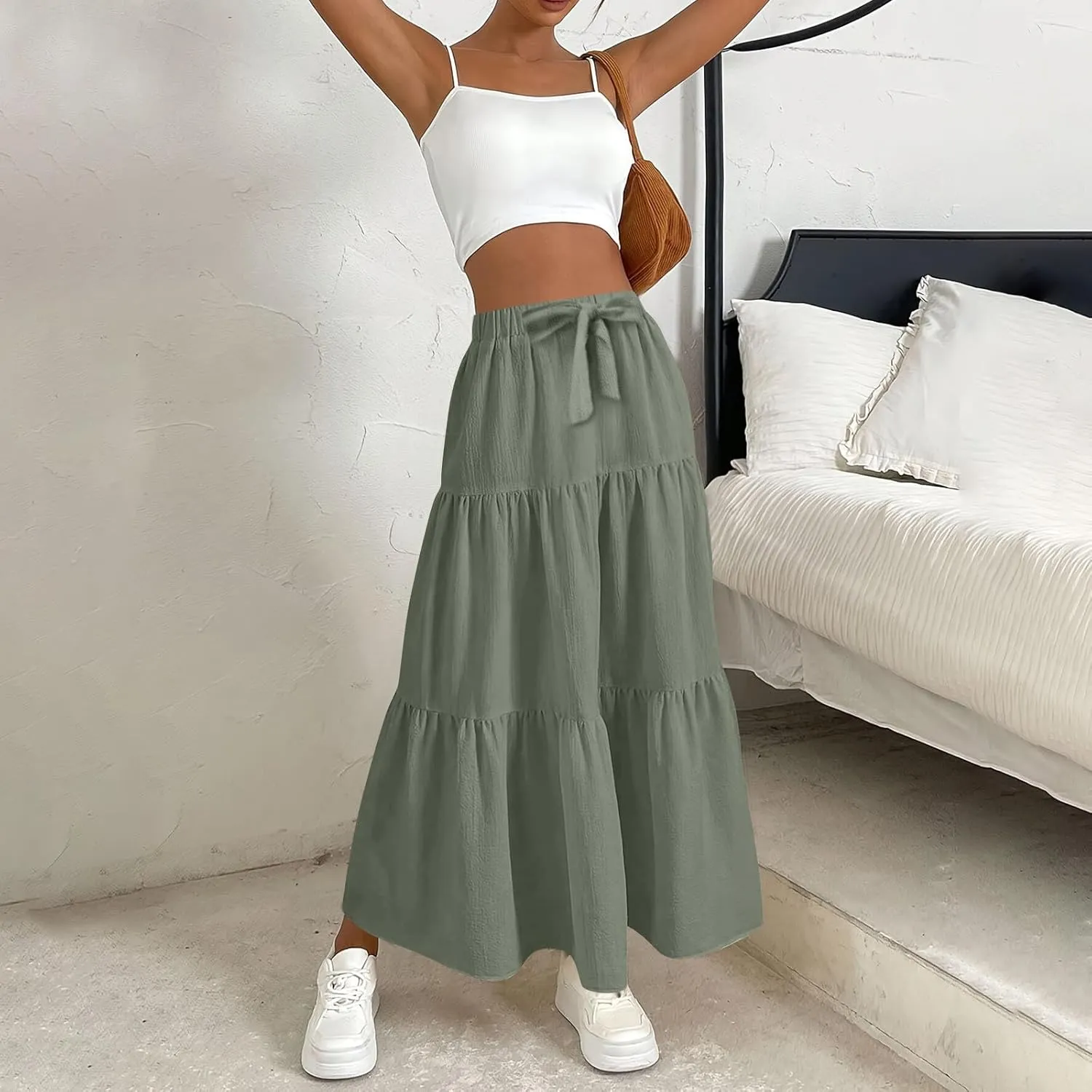 Linen Maxi Skirts for Women 2025 Casual Summer Tiered Long Pleated Skirt Comfy Elastic Waist Beach A Line Flowy Skirt