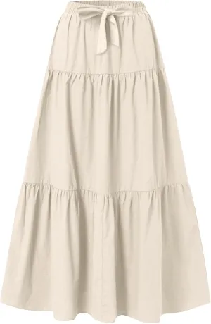 Linen Maxi Skirts for Women 2025 Casual Summer Tiered Long Pleated Skirt Comfy Elastic Waist Beach A Line Flowy Skirt