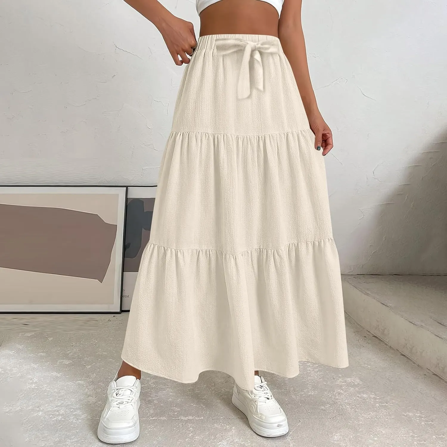 Linen Maxi Skirts for Women 2025 Casual Summer Tiered Long Pleated Skirt Comfy Elastic Waist Beach A Line Flowy Skirt