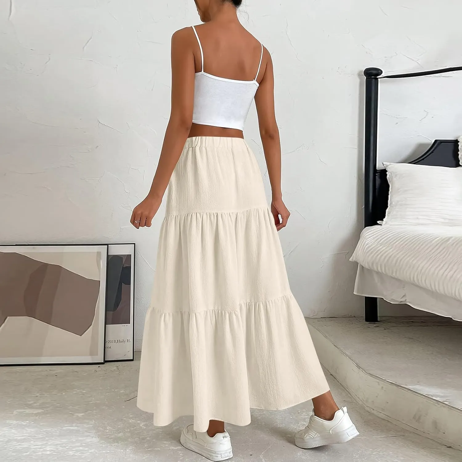 Linen Maxi Skirts for Women 2025 Casual Summer Tiered Long Pleated Skirt Comfy Elastic Waist Beach A Line Flowy Skirt
