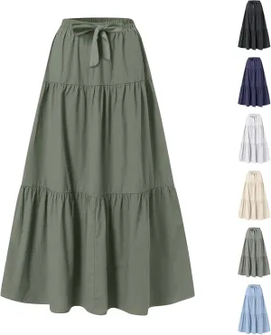 Linen Maxi Skirts for Women 2025 Casual Summer Tiered Long Pleated Skirt Comfy Elastic Waist Beach A Line Flowy Skirt