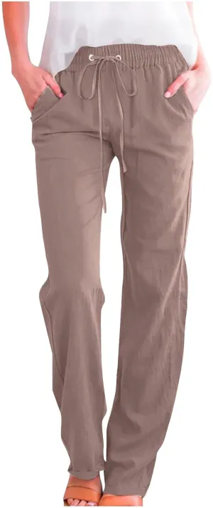 Linen Pants for Women Drawstring Elastic High Waist Pants Loose Straight Leg Lightweight Trousers Pants