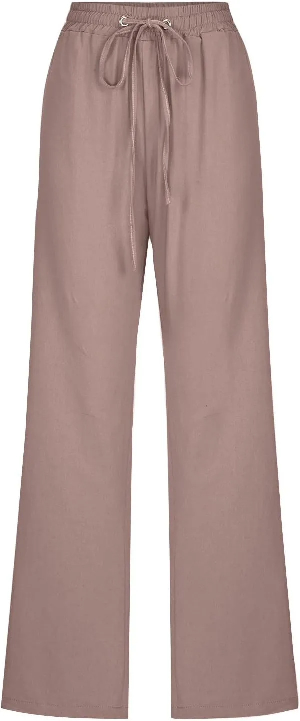 Linen Pants for Women Drawstring Elastic High Waist Pants Loose Straight Leg Lightweight Trousers Pants