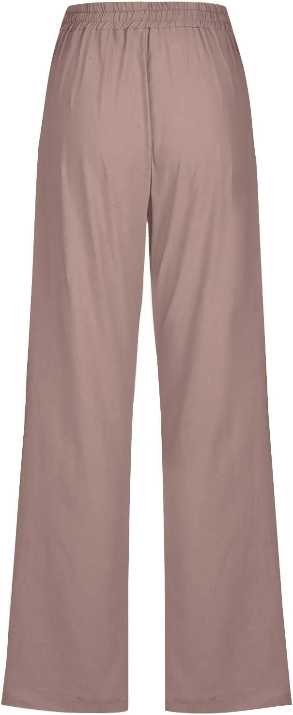 Linen Pants for Women Drawstring Elastic High Waist Pants Loose Straight Leg Lightweight Trousers Pants