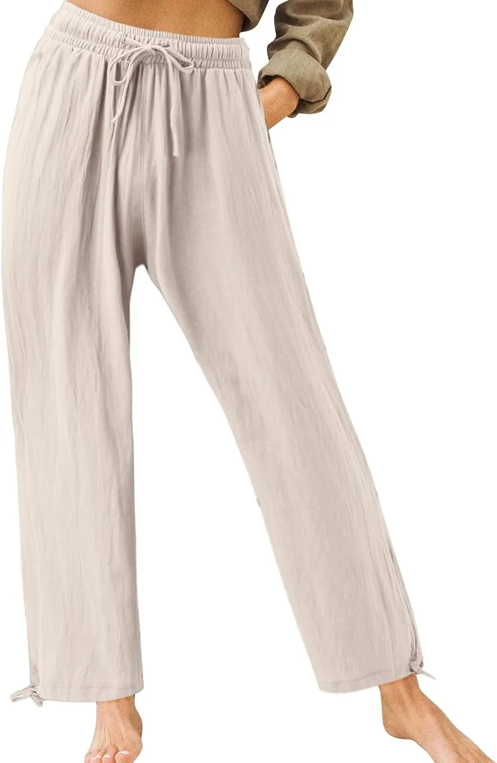 Linen Pants Women Plus Size Boho Comfy Flowy Wide Leg Trouser Summer High Waist Beach Palazzo Sweatpant with Pocket