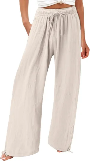 Linen Pants Women Plus Size Boho Comfy Flowy Wide Leg Trouser Summer High Waist Beach Palazzo Sweatpant with Pocket