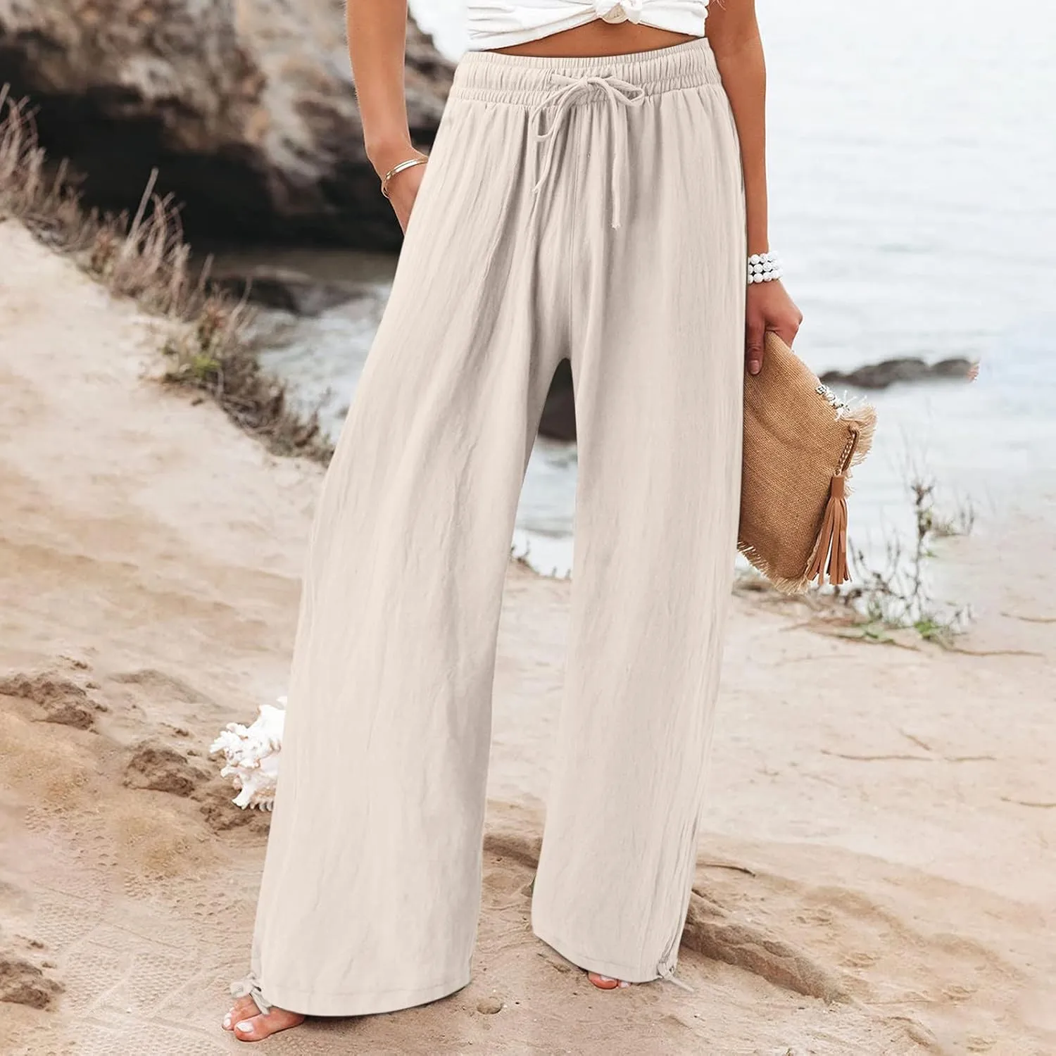 Linen Pants Women Plus Size Boho Comfy Flowy Wide Leg Trouser Summer High Waist Beach Palazzo Sweatpant with Pocket
