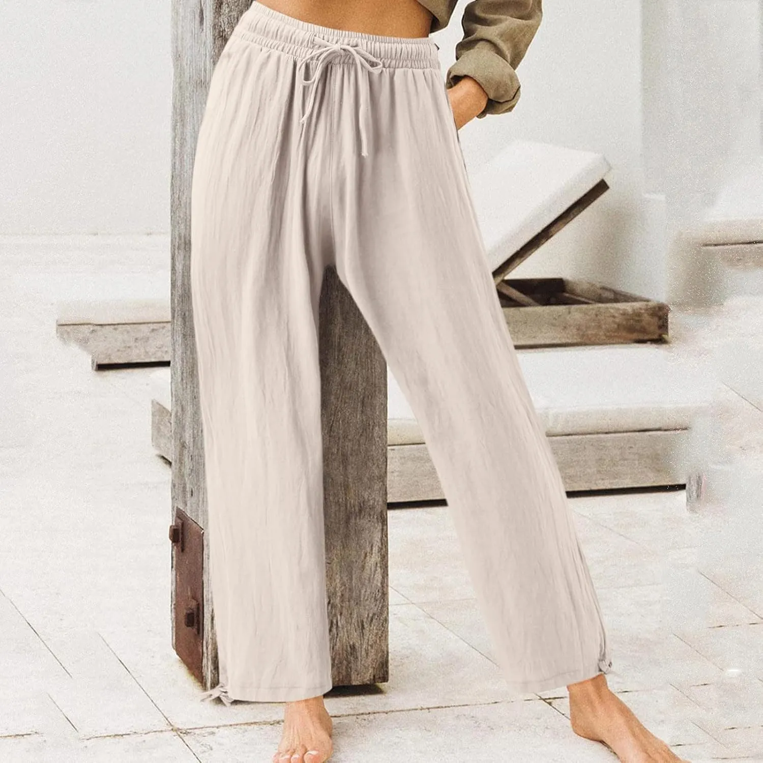 Linen Pants Women Plus Size Boho Comfy Flowy Wide Leg Trouser Summer High Waist Beach Palazzo Sweatpant with Pocket